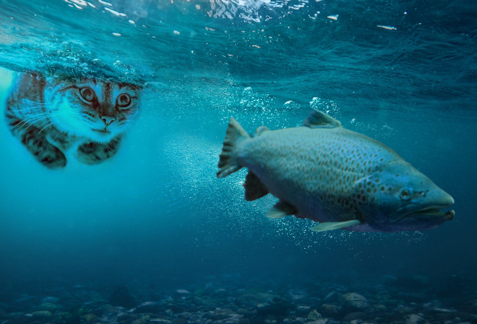 Cat in water trying to catch salmon